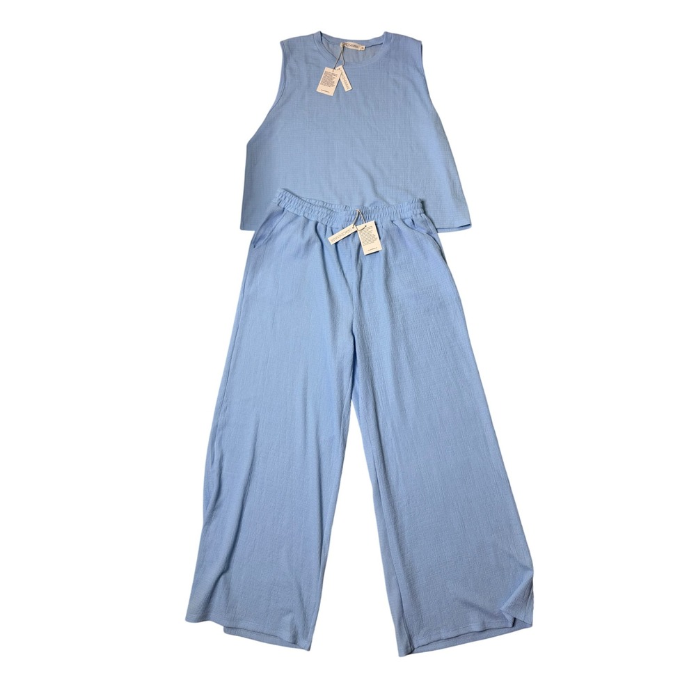 Grace+Emma Light Blue Textured 2-Piece Lounge Set Sleeveless Wide Leg XL NEW